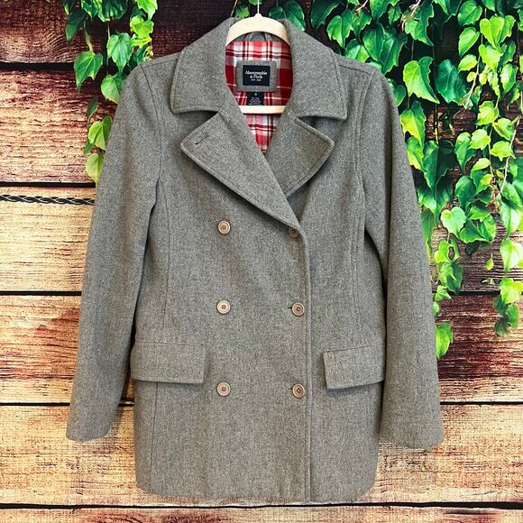 Abercrombie & Fitch Pea Coat Peacoat Jacket Womens Small Grey Red Plaid Wool - Picture 3 of 6